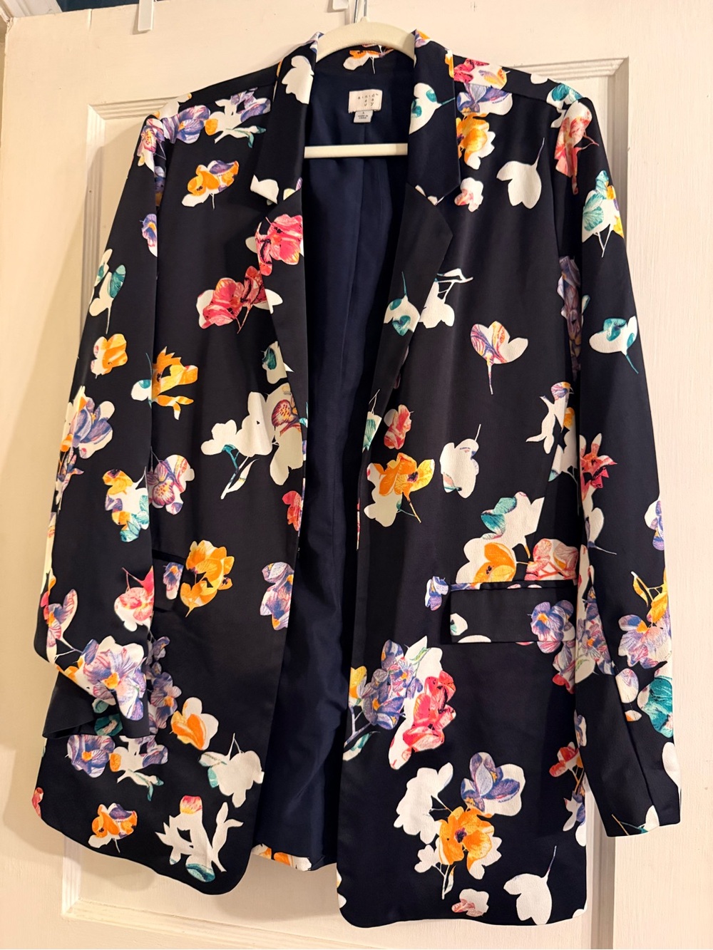 Floral Print Women's Blazer Jacket - Navy Blue Multi